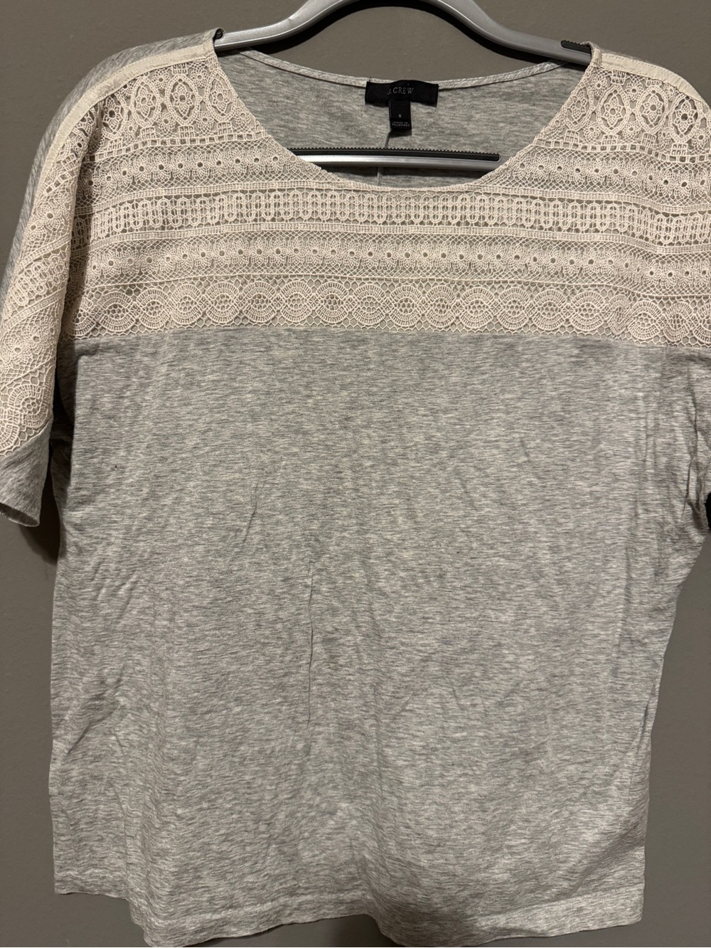 J. Crew Heather Gray Tee with Cream Lace Accent